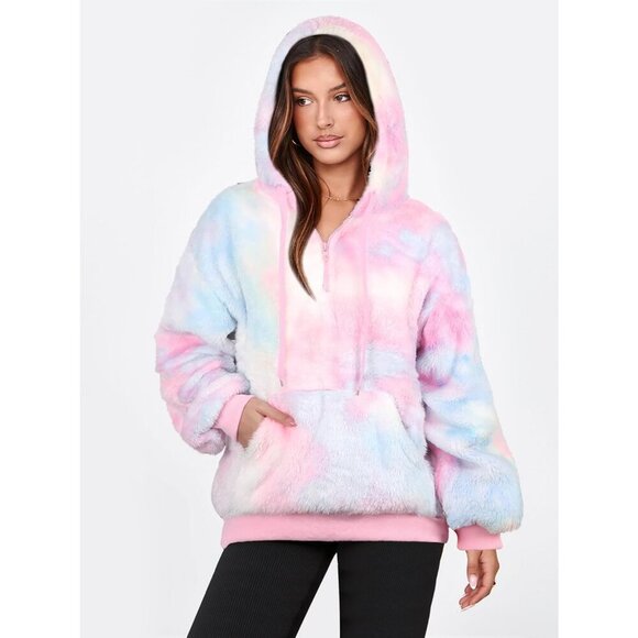 Women Pink Tie-dye Oversized Fuzzy Fleece Zip up Hoodie Sweatshirt - Picture 2 of 5